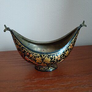 Kashkul Begging Bowl Kashmir Handcrafted Papier Mache Lacquer Brass Dish
